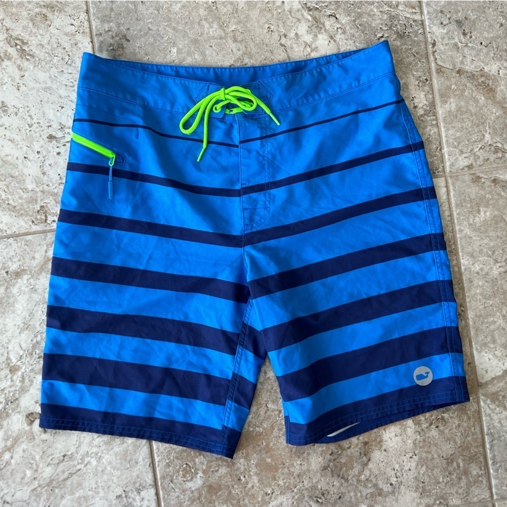Vineyard Vines Blue Striped 9" Unlined Swim Trunks Boardshorts Pocket, size 32